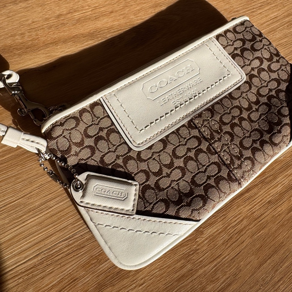 2000s Vintage Coach Monogram Brown and Cream Wristlet